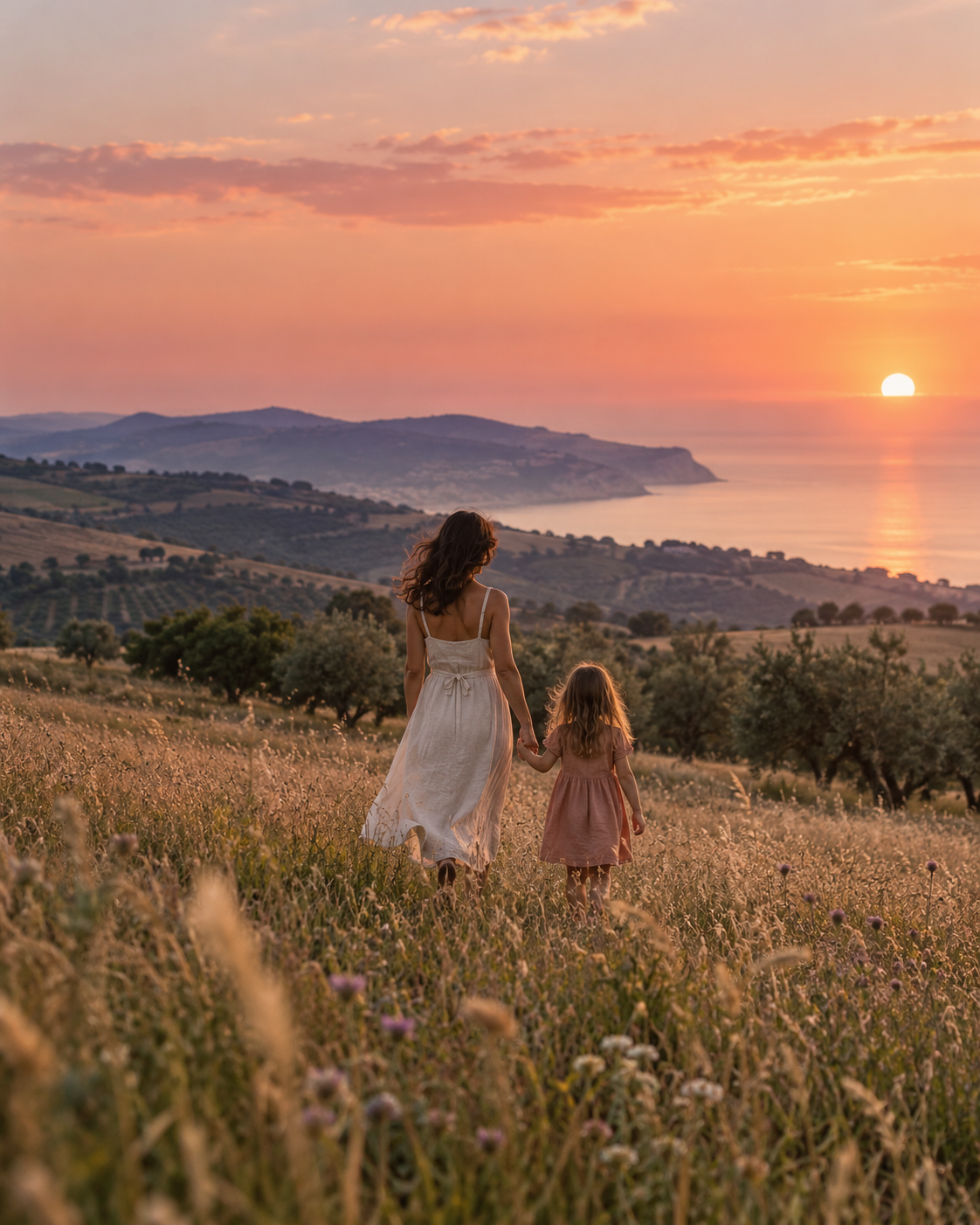 Una madre e il suo bambino camminano mano nella mano al tramonto